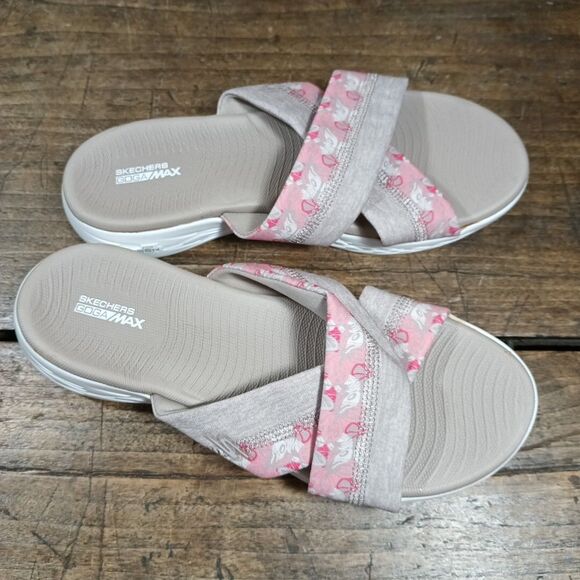 Skechers Sz 10 Sandals Slides Taupe Pink Shoes Open Toe On The Go Walk - Picture 3 of 6